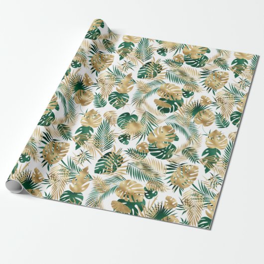 Golden Green Tropical Leaf Pattern Leggings Coffe Cadeaupapier (Uitgerold)