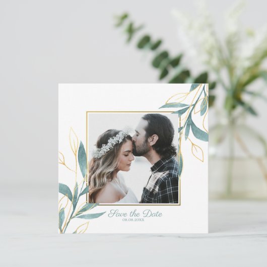 Golden Green Waterverf Bloemen Bewaar de datum Kaart (Staand voorkant)