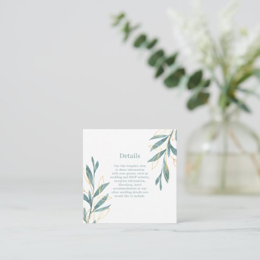 Golden Green Waterverf Floral Wedding Details Informatiekaartje (Staand voorkant)