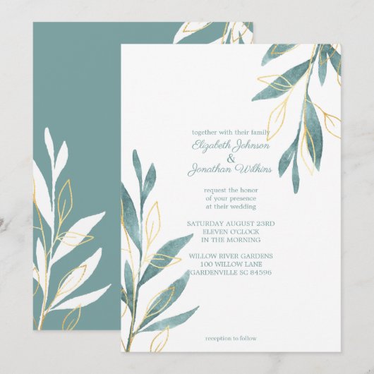 Golden Green Waterverf Floral Wedding Kaart (Voorkant / Achterkant)