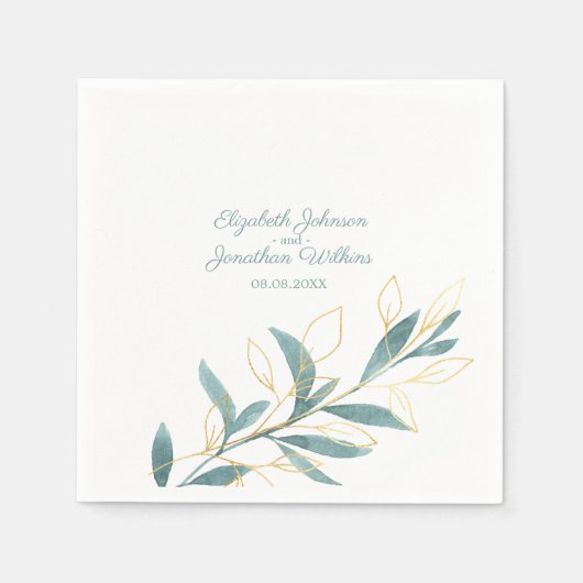 Golden Green Waterverf Floral Wedding Servet (Voorkant)