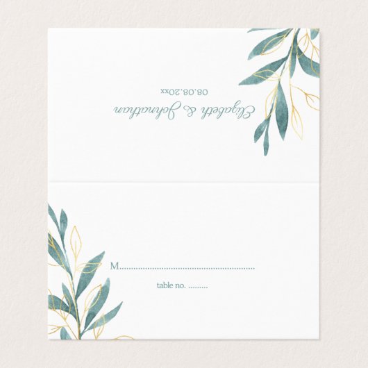 Golden Green Waterverf Floral Wedding Table Cards Visitekaartje (Buitenkant ongevouwen)