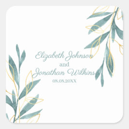 Golden Green Waterverf Floral Wedding Vierkante Sticker