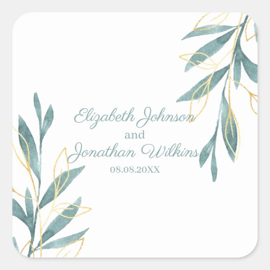 Golden Green Waterverf Floral Wedding Vierkante Sticker (Voorkant)