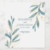Golden Green Waterverf Floral Wedding Wijn Etiket (Enkel label)