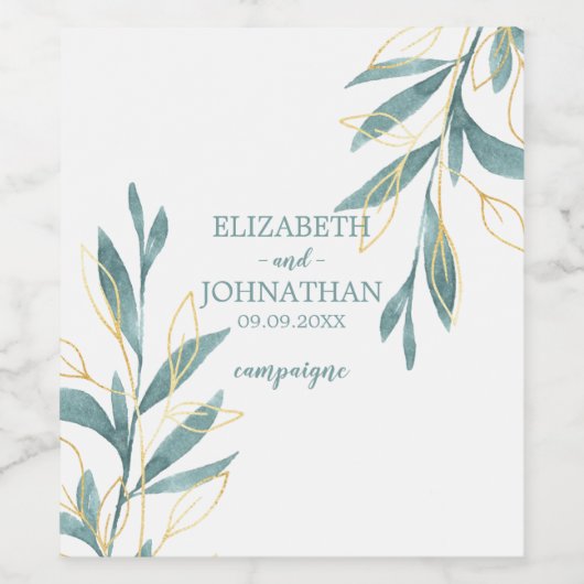 Golden Green Waterverf Floral Wedding Wijn Etiket (Enkel label)