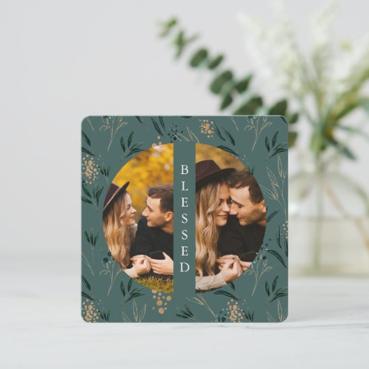 Golden Greenery Blauwgroen Blessed Two Photo Feestdagenkaart (Staand voorkant)