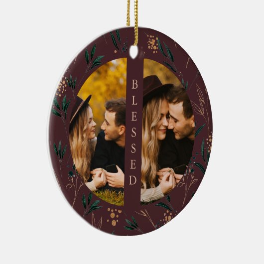 Golden Greenery Blessed Typography Photo Eggplant Keramisch Ornament (Rechts)