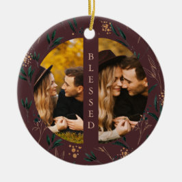 Golden Greenery Blessed Typography Photo Eggplant Keramisch Ornament