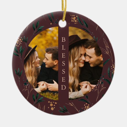 Golden Greenery Blessed Typography Photo Eggplant Keramisch Ornament (Voorkant)