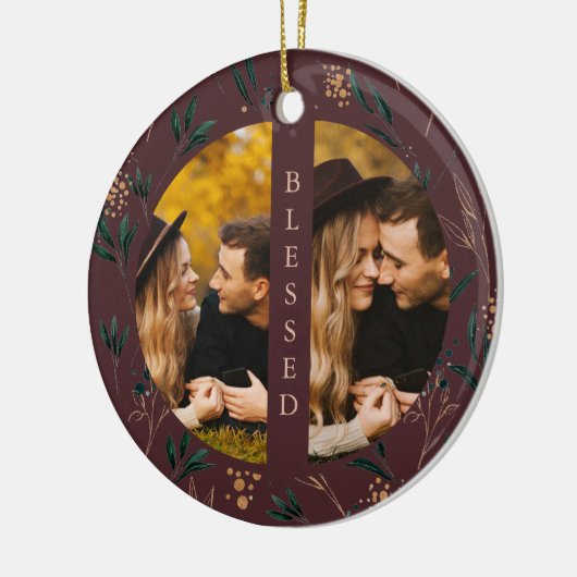 Golden Greenery Blessed Typography Photo Eggplant Keramisch Ornament (Links)