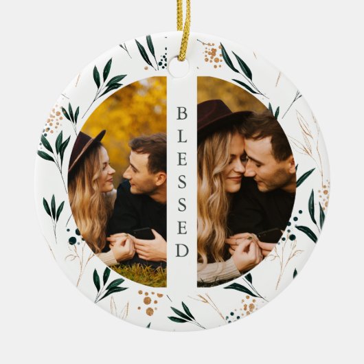 Golden Greenery Blessed Typography Two Foto Keramisch Ornament (Voorkant)