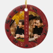 Golden Greenery Blessed Typography Two Photo Red Keramisch Ornament (Achterkant)