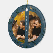 Golden Greenery Blue Bless Typografie Twee foto Keramisch Ornament (Links)