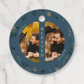 Golden Greenery Blue Two Photo Kerstfeestay Bedankjes Labels (Achterkant)