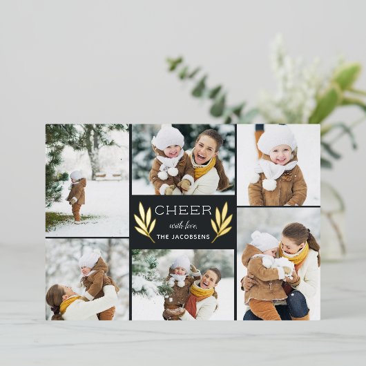 Golden Greenery | Fotocollage Folie Feestdagenkaart (Staand Voorkant)