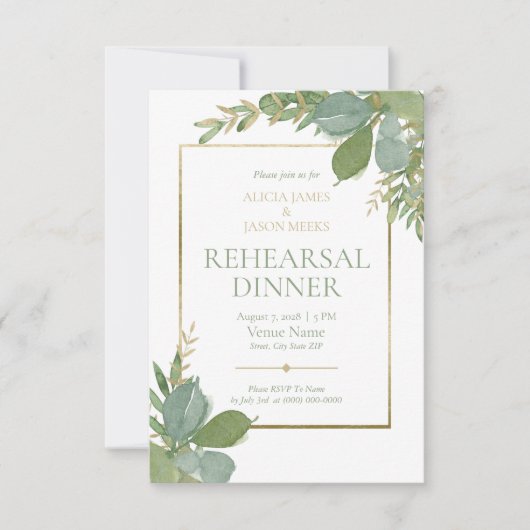 Golden Greenery Rehearsal Dinner Invitation Kaart (Voorkant)