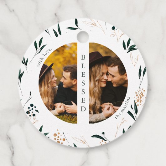 Golden Greenery Two Photo Kerstfeestay Bedankjes Labels (Achterkant)