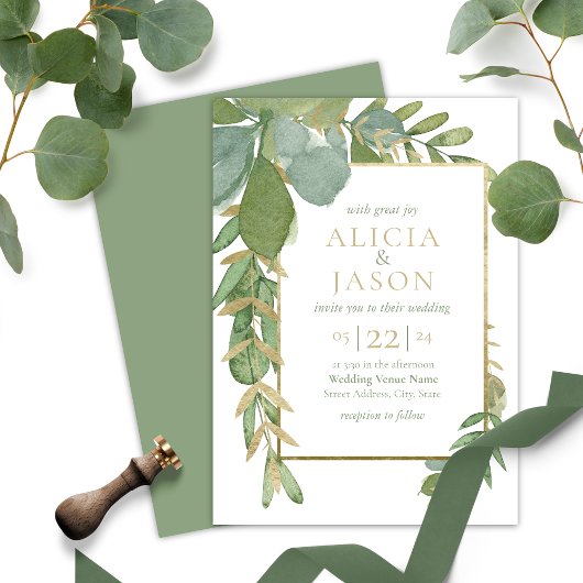 Golden Greenery Wedding Invitation Kaart