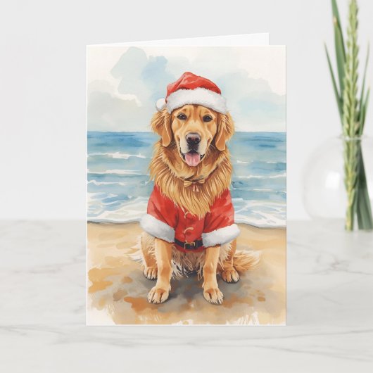 Golden Greetings from Santa Paws – Beach Christmas Kaart (Voorkant)