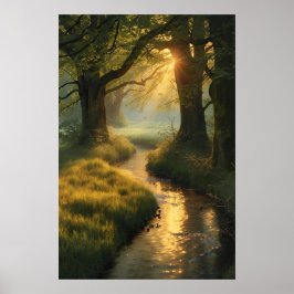 Golden Grove Sunrise – Tranquil Sunlit Forest Stre Poster
