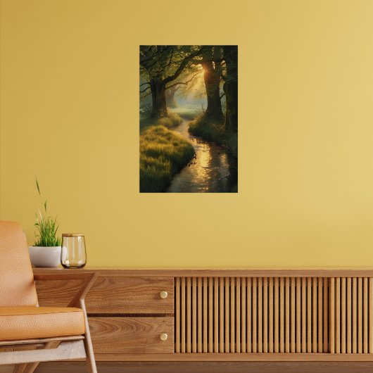 Golden Grove Sunrise – Tranquil Sunlit Forest Stre Poster (Woonkamer 2)