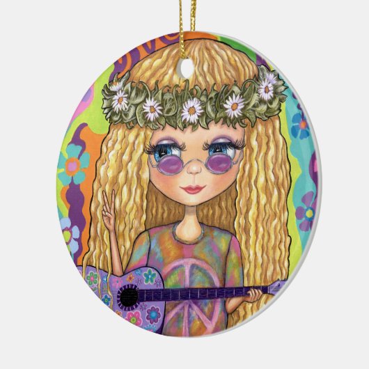 Golden Hair Hippie Chick Paarse gitaar Vredesbord Keramisch Ornament (Links)