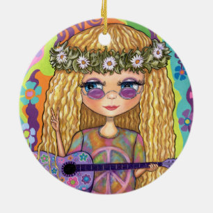 Golden Hair Hippie Chick Paarse gitaar Vredesbord Keramisch Ornament