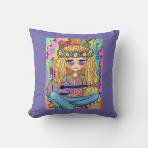 Golden Hair Hippie Chick Paarse gitaar Vredesbord Kussen