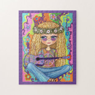 Golden Hair Hippie Chick Paarse gitaar Vredesbord Legpuzzel