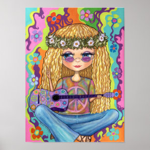 Golden Hair Hippie Chick Paarse gitaar Vredesbord Poster