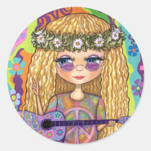 Golden Hair Hippie Chick Paarse gitaar Vredesbord Ronde Sticker