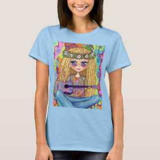 Golden Hair Hippie Chick Paarse gitaar Vredesbord T-shirt