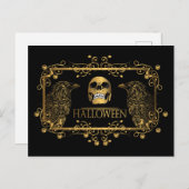 Golden Halloween Skull Ravens Briefkaart (Voorkant / Achterkant)