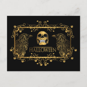 Golden Halloween Skull Ravens Briefkaart