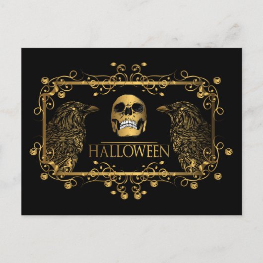 Golden Halloween Skull Ravens Briefkaart (Voorkant)