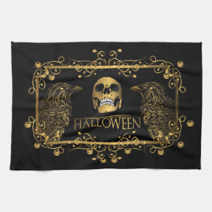 Golden Halloween Skulls Ravens Theedoek