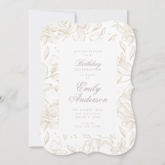 Golden Hand Drawn Floral Birthday Invitation Kaart (Voorkant)
