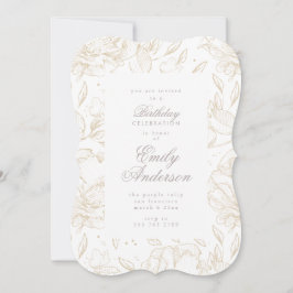 Golden Hand Drawn Floral Birthday Invitation Kaart