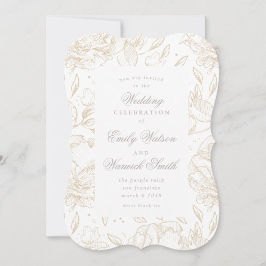 Golden Hand Drawn Floral Wedding Invitation Kaart (Voorkant)