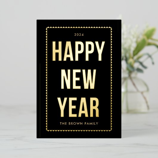 Golden Happy New Year-fotokaart op zwart Folie Feestdagenkaart (Staand Voorkant)