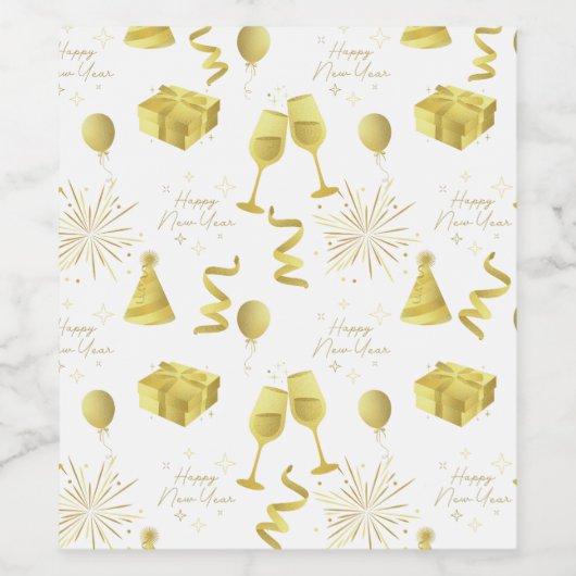 Golden Happy New Year Pattern Wijn Etiket (Enkel label)
