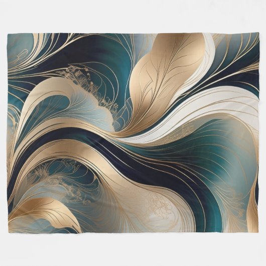 Golden Harmony - Blauwgroen en Goud Abstract Fleece Deken (Voorkant (Horizontaal))