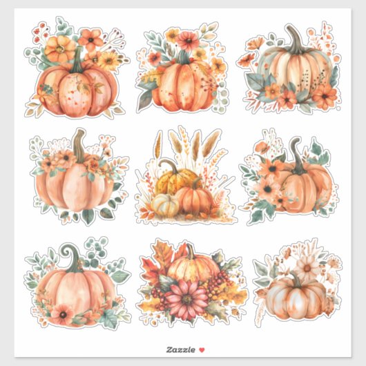 Golden Harvest Waterverf Pompoen & Bloemen Sticker (Vel)
