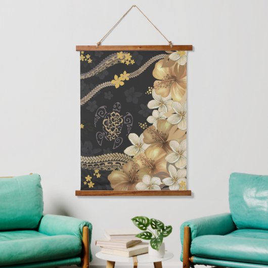 Golden Hawaiian Hibiscus en Tapa Fusion Hangend Wandkleed (Woonkamer)