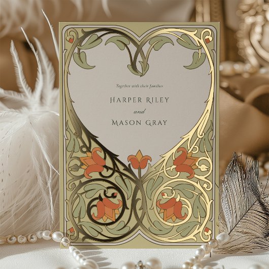 Golden Heart Art Nouveau Uitnodiging voor bruiloft