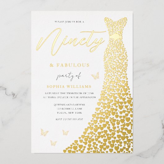 Golden Heart Gown 90th Birthday Party Real Gold Folie Uitnodiging (Voorkant)