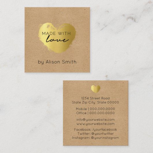 Golden Heart Made with Love Vierkante Visitekaartje (Voorkant / Achterkant)
