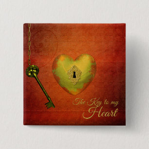 Golden Heart met Key Vierkante Button 5,1 Cm