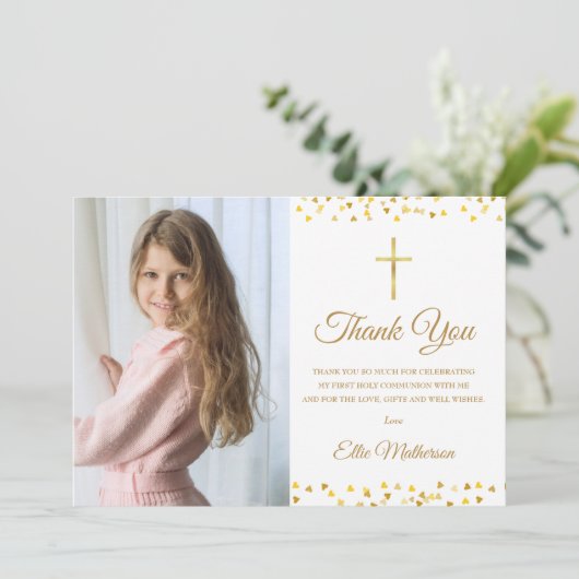 Golden Hearts First Heilige Communfoto Bedankkaart (Staand voorkant)